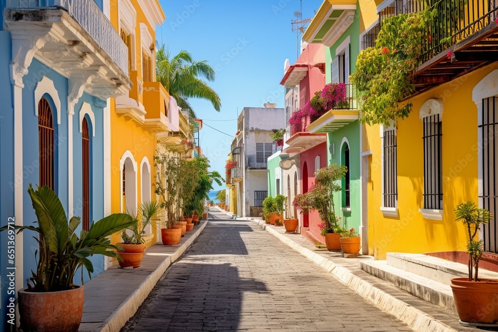 Obraz premium Historic street in San Sebastian, a charming neighborhood in Puerto Rico island. Generative AI