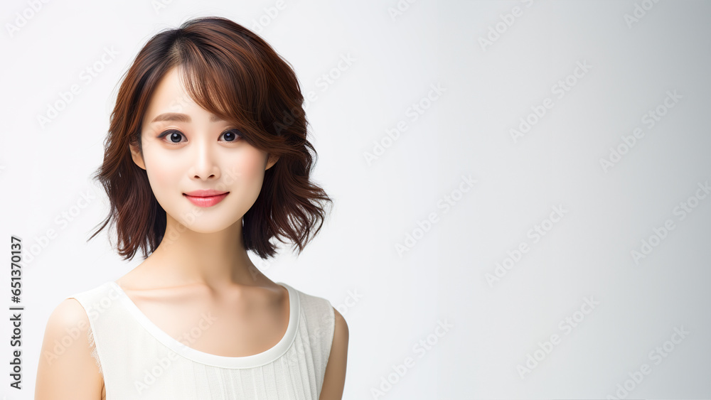 Portrait of a japanese woman isolated on gray background with copyspace for text Portrait of a japanese woman isolated on gray background with copyspace for text