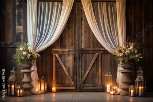 A rustic barn door with floral vases, candles, and curtains, framed by soft lighting and a window with curtain. Generative AI © Jeff