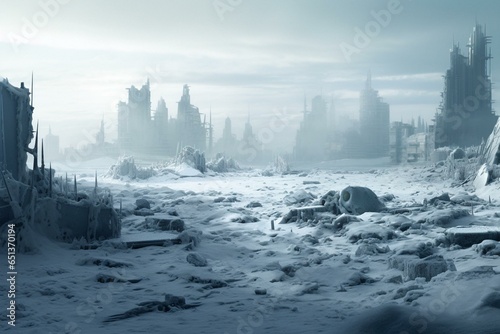 a frozen city, an apocalyptic view made with technology. Generative AI