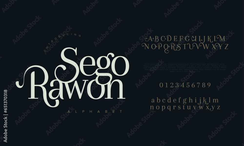 Segorawon premium luxury elegant alphabet letters and numbers. Elegant wedding typography classic serif font decorative vintage retro. Creative vector illustration - obrazy, fototapety, plakaty 