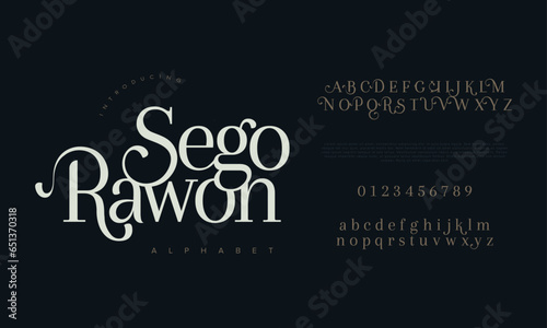 Segorawon premium luxury elegant alphabet letters and numbers. Elegant wedding typography classic serif font decorative vintage retro. Creative vector illustration