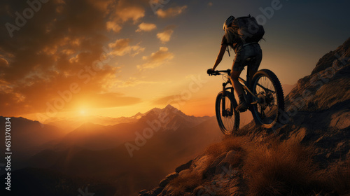 young woman riding bicycle on beautiful mountain trail,Cyclist Riding a Mountain Bike in the Rocky Mountains. Extreme Sport Concept. © kiatipol