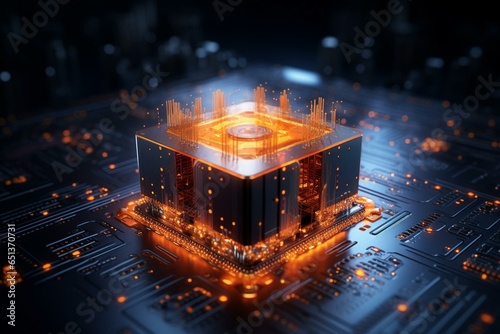 a high-tech quantum computer glowing with bright orange circuitry and incredible computing abilities. Generative AI photo