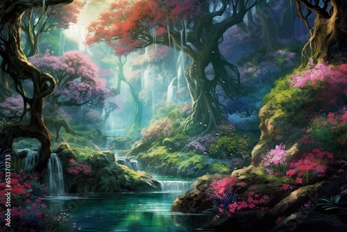 Magical woodland with towering enchanted trees  cascading water  vibrant flora. Illustration of a scenic wallpaper background. Generative AI