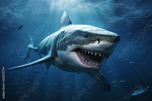 Digital illustration of a fierce tiger shark swimming in the ocean. Generative AI