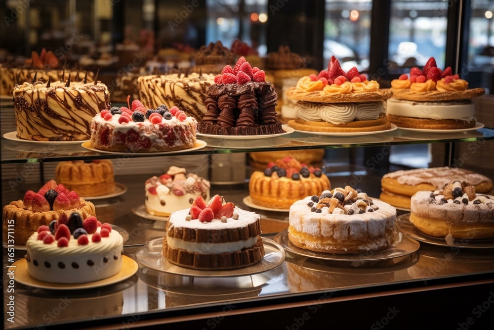 A variety of desserts displayed in a bakery, with cakes and pies frosted and filled on shelves. Generative AI