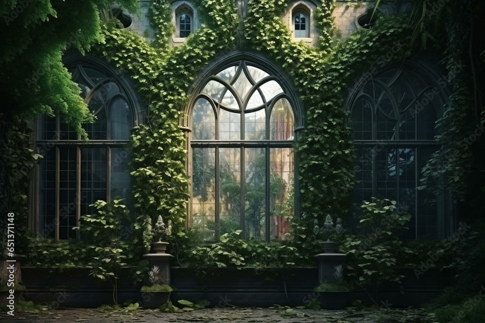 Overgrown abandoned palace windows captured by nature. Magical house with ivy and vines inside. 3D illustration. Generative AI