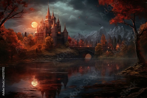 Scenic landscape with fiery castle, trebuchet, mirroring lake, and trees. Generative AI © David