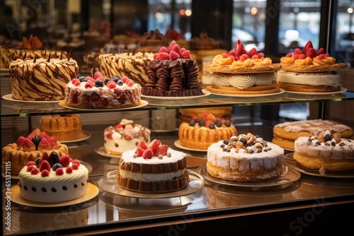 A variety of desserts displayed in a bakery, with cakes and pies frosted and filled on shelves. Generative AI photo