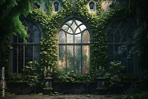 Overgrown abandoned palace windows captured by nature. Magical house with ivy and vines inside. 3D illustration. Generative AI