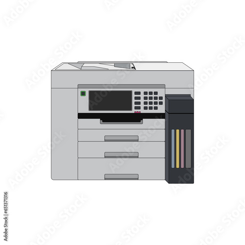 Multifunction Inkjet Printer or Photocopier in white color. Realistic A3 ink tank large printer vector illustration with paper cassette in compact design. Editable graphic resources for many purposes.