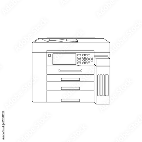 Large Multifunction Inkjet Printer or Photocopier in outline sketch icon. A3 ink tank printer vector illustration with paper cassette in compact design. Editable graphic resources for you.