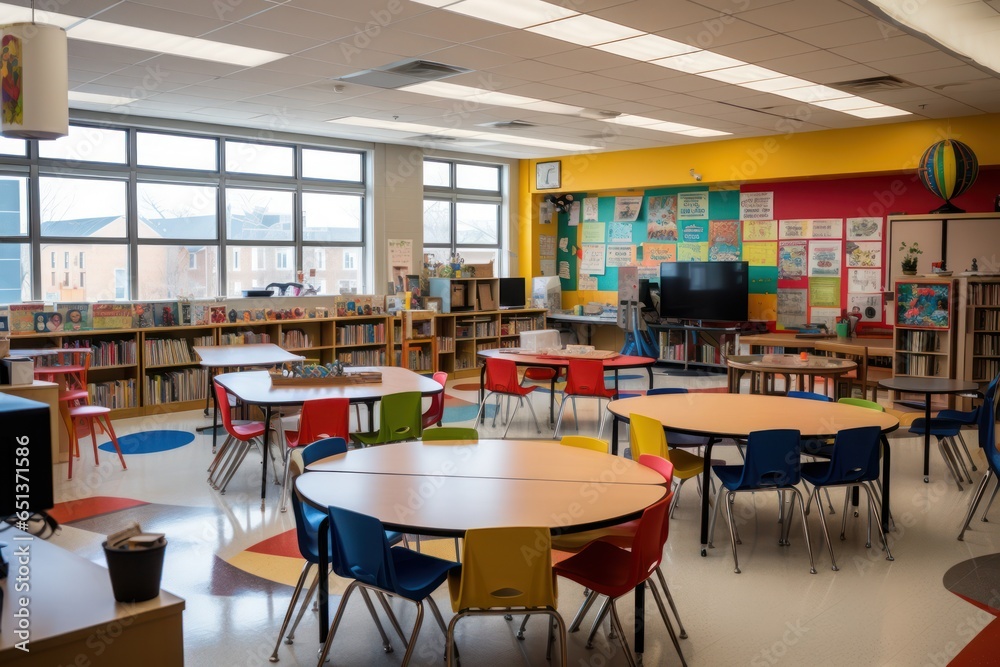 Empty contemporary grade school classroom featuring sleek and minimalist design elements