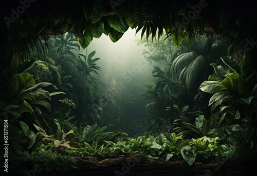 Ai Generative Beautiful jungle background with border made of tropical leaves backdrop with copy space