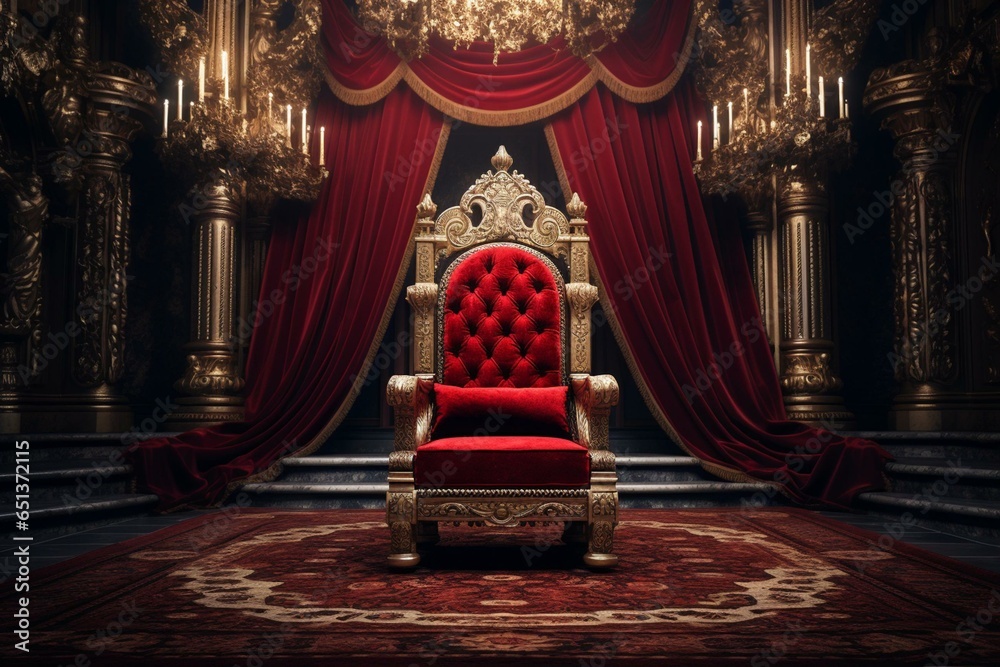 luxurious room with a majestic throne and a falling chair, adorned with a red carpet leading to the regal seat. Generative AI