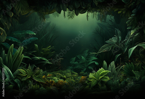 Ai Generative Beautiful jungle background with border made of tropical leaves backdrop with copy space