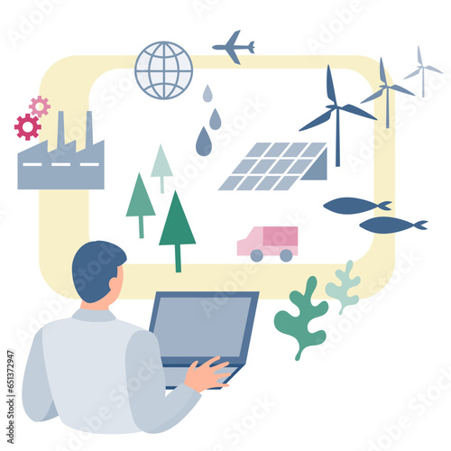 パソコンに向かう男性と産業や環境イメージのアイコン