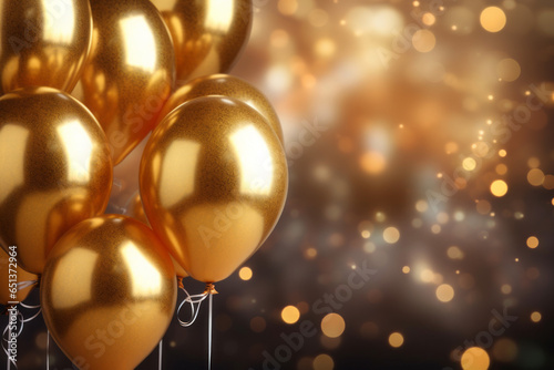 Festive luxury background with golden inflatable balloons confetti blurred background with bokeh effect
