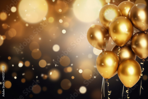 Festive luxury background with golden inflatable balloons confetti blurred background with bokeh effect