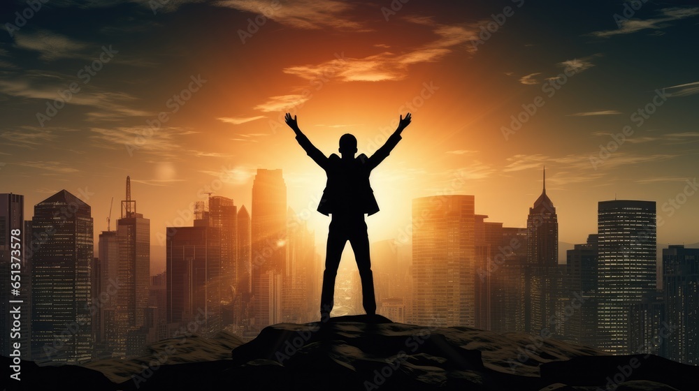 Fototapeta premium Silhouette of business man stand and feel happy on the most hight at stand on sunset, success, leader, teamwork, target, Aim, confident, achievement, goal, on plan, finish, generate by AI