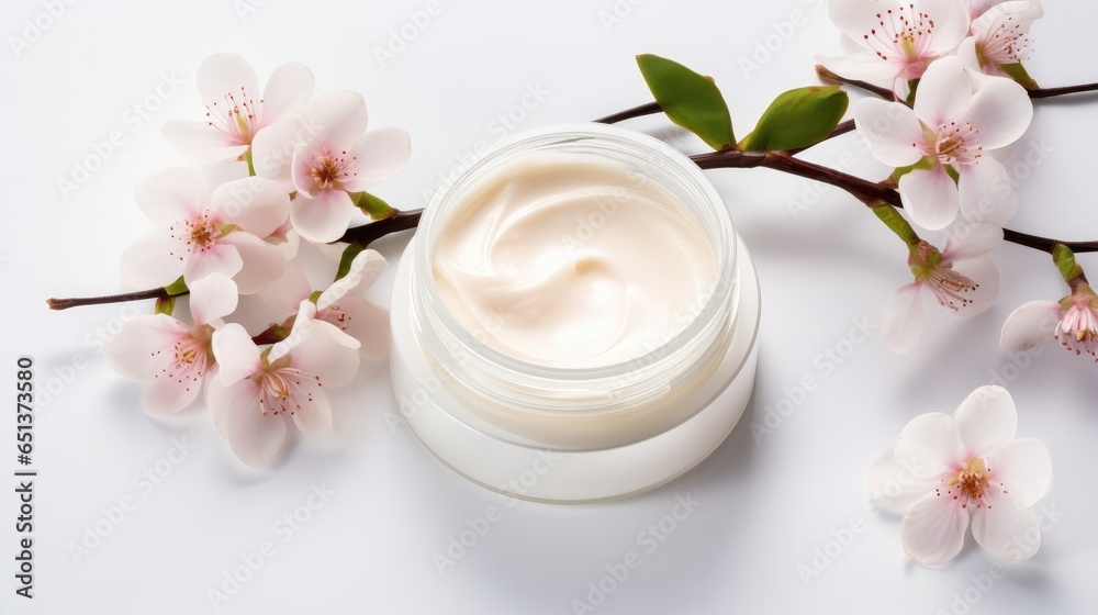 whitening and moisturizing Face cream in an open glass jar and flowers on white background. Set for spa, skin care and body products and solutions for skin problems such as scars, acne, wrinkles. whitening and moisturizing Face cream in an open glass jar and flowers on white background. Set for spa, skin care and body products and solutions for skin problems such as scars, acne, wrinkles.