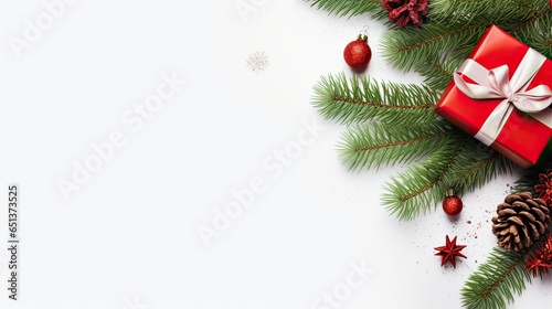 Christmas composition  gifts or present  red decorative  pine branches  cherry  gold stars  gristers on white background. xmas  celebrate new year  top view. holiday  birthday  valentine for card