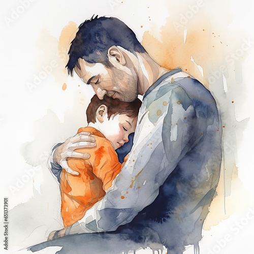 touchy beauty happy watercolor illustration of a father with his child