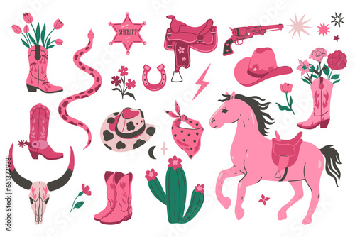 Trendy pink set of items in cowgirl style. Vector graphics. photo
