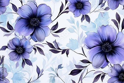 Pattern with blue, purplish grey, and black floral print in seamless watercolor style. Generative AI