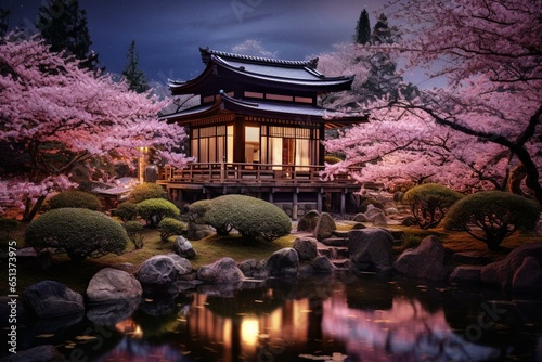 Traditional Japanese house shining under moon and cherry blossoms. Generative AI