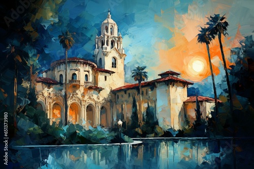 Abstract painting of Hearst Castle, California, painted in a contemporary impressionist technique. Generative AI photo