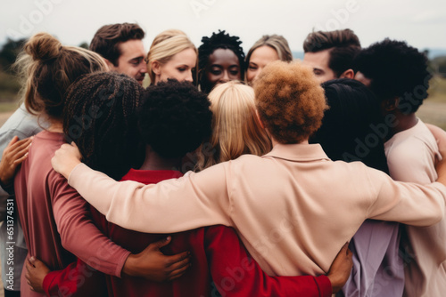 Rearview of diverse people hugging each other. © sderbane