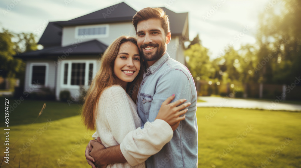 Young couple standing and hugging together in front of their new house 