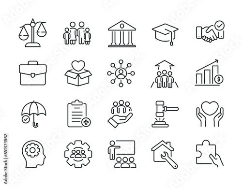 Social policy thin line icons. Editable stroke. For website marketing design, logo, app, template, ui, etc. Vector illustration.