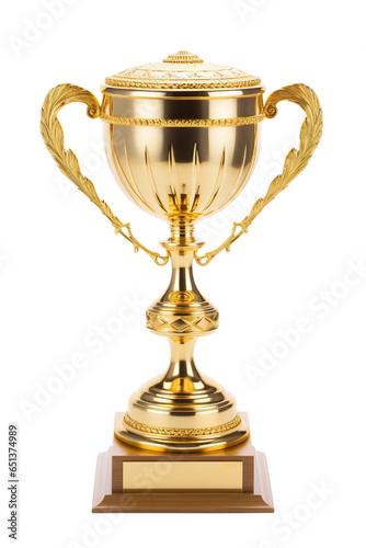 golden and shiny trophy on the podium, isolated on a white background PNG