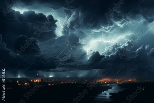 Night storm with dark cloud, thunder and lightning, heavy rain in summer. Generative AI