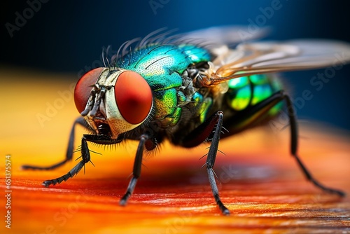 A close-up of a colorful fly on a surface. Generative AI © Delphine