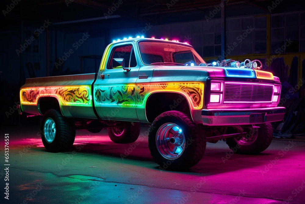 neon lights dodge truck. Generative AI - obrazy, fototapety, plakaty 