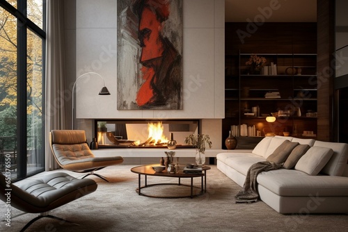 Modern fireplace in a warm living area decorated with art. Generative AI