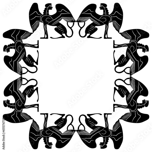 Square ethnic border or frame with ancient Greek sphinxes. Fantastic female winged cat woman. Vase painting style. Antique mythological creature. Black and white silhouette.