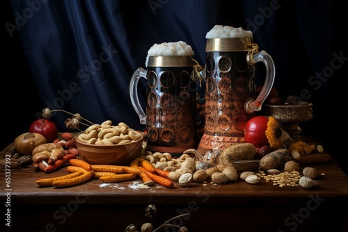 Two overflowing steins on vintage table, surrounded by peanuts and pretzels. Generative AI