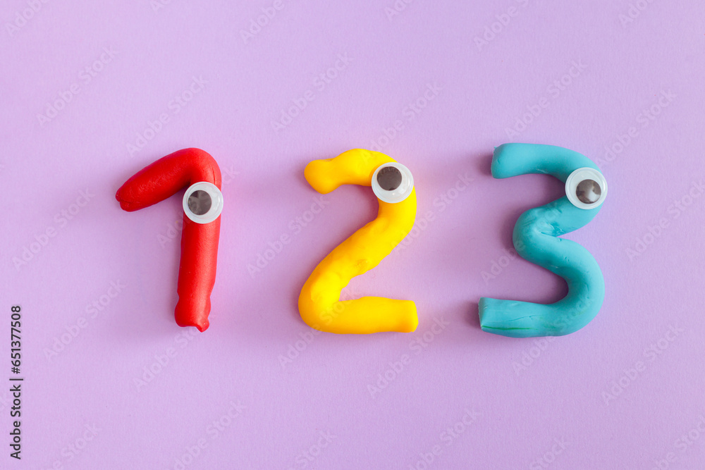 Naklejka premium Counting from One to Three with Plasticine Numbers. Set of math figures handmade from play dough 