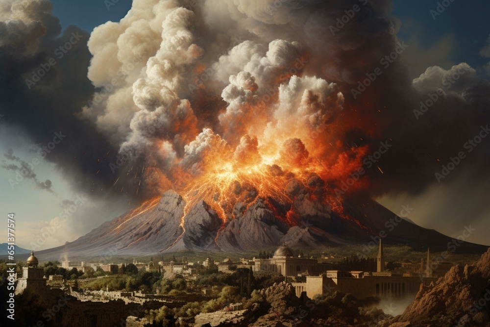 Explosion of volcano, Pompeii. Generative AI - obrazy, fototapety, plakaty 