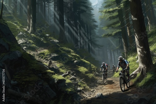 cyclists going down a mountain slope in the forest © PinkiePie