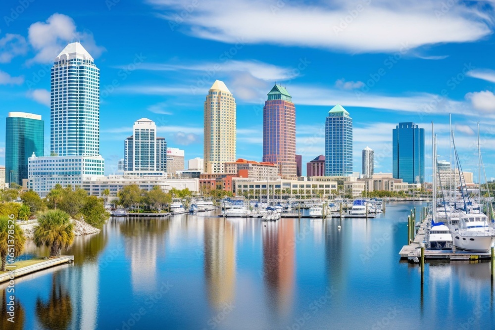 Panoramic skyline view of downtown Tampa, Florida showcasing Hillsborough Bay and Riverwalk. Generative AI