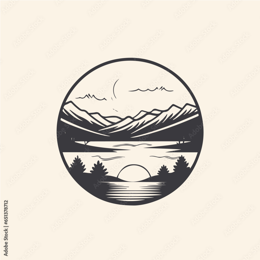 simple circular logo of lake landscape