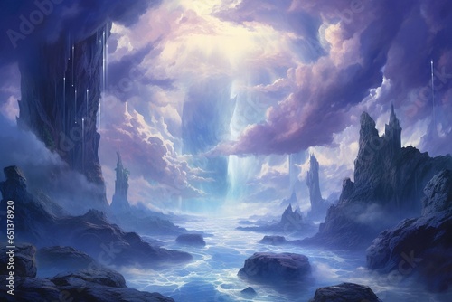 An ethereal sky realm filled with majestic waterfalls and swirling clouds. Generative AI