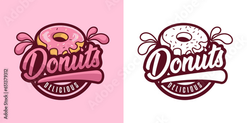 donut shop logo vector illustration emblem, strawberry pink donut lettering logo badge suitable for business logo, banner, sign, vintage  style
