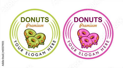 Donuts Vector logo Illustration, label, sticker, banner Food Icon Concept White Isolated. Flat Cartoon Style Suitable for Web Landing Page, donut with green tea and strawberry flavor